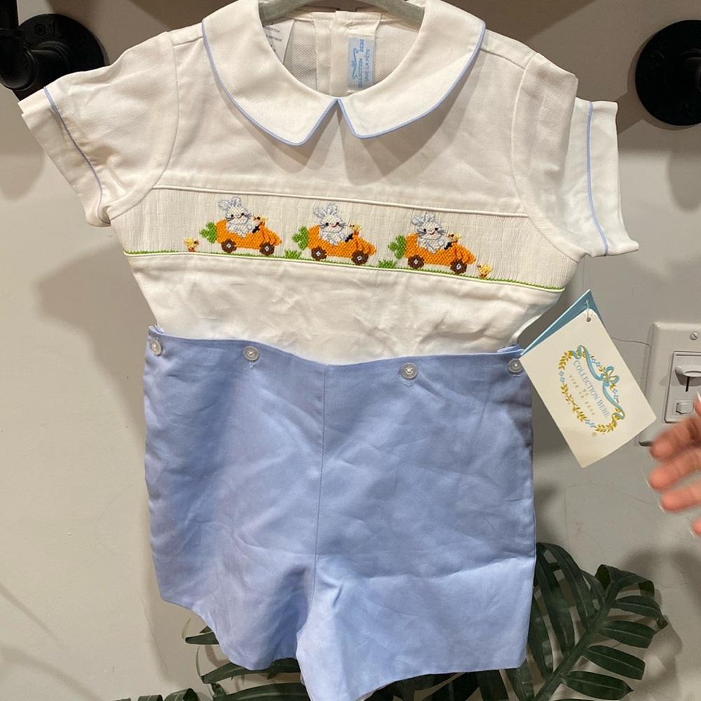 Bunnies Smocked Blue Pique short sleeve set. Size 3 Collection Bebe